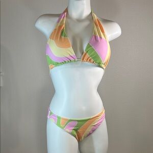 Aurelle Pastel Wave Halter Bikini Set in Pink, Green, Yellow & Orange MEDIUM